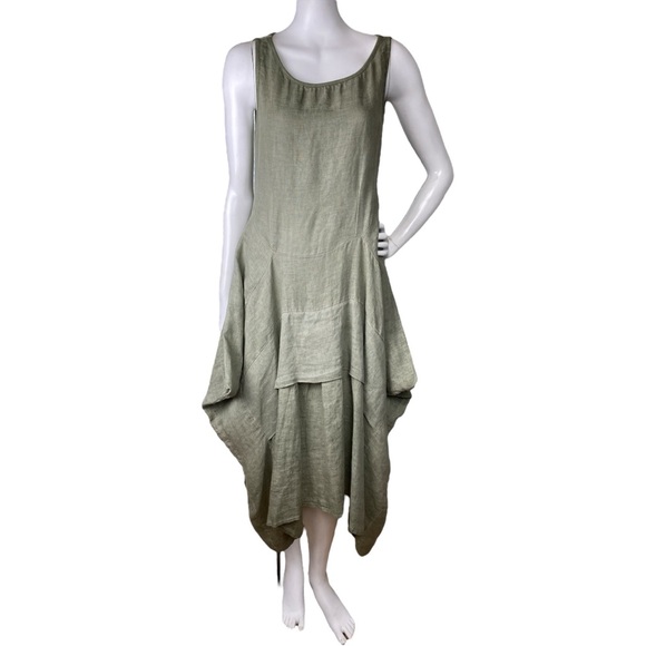 INIZIO 100% Linen Green Tiered Midi Tank Dress Sleeveless Stretch Women’s Medium - Picture 6 of 16
